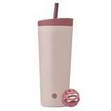 Full view of the BlenderBottle 2-in-1 Shaker Tumbler in tan-pink, featuring a redwood BlenderBall for smooth mixing, and a matching lid and straw. | Color#Sahara Sunset